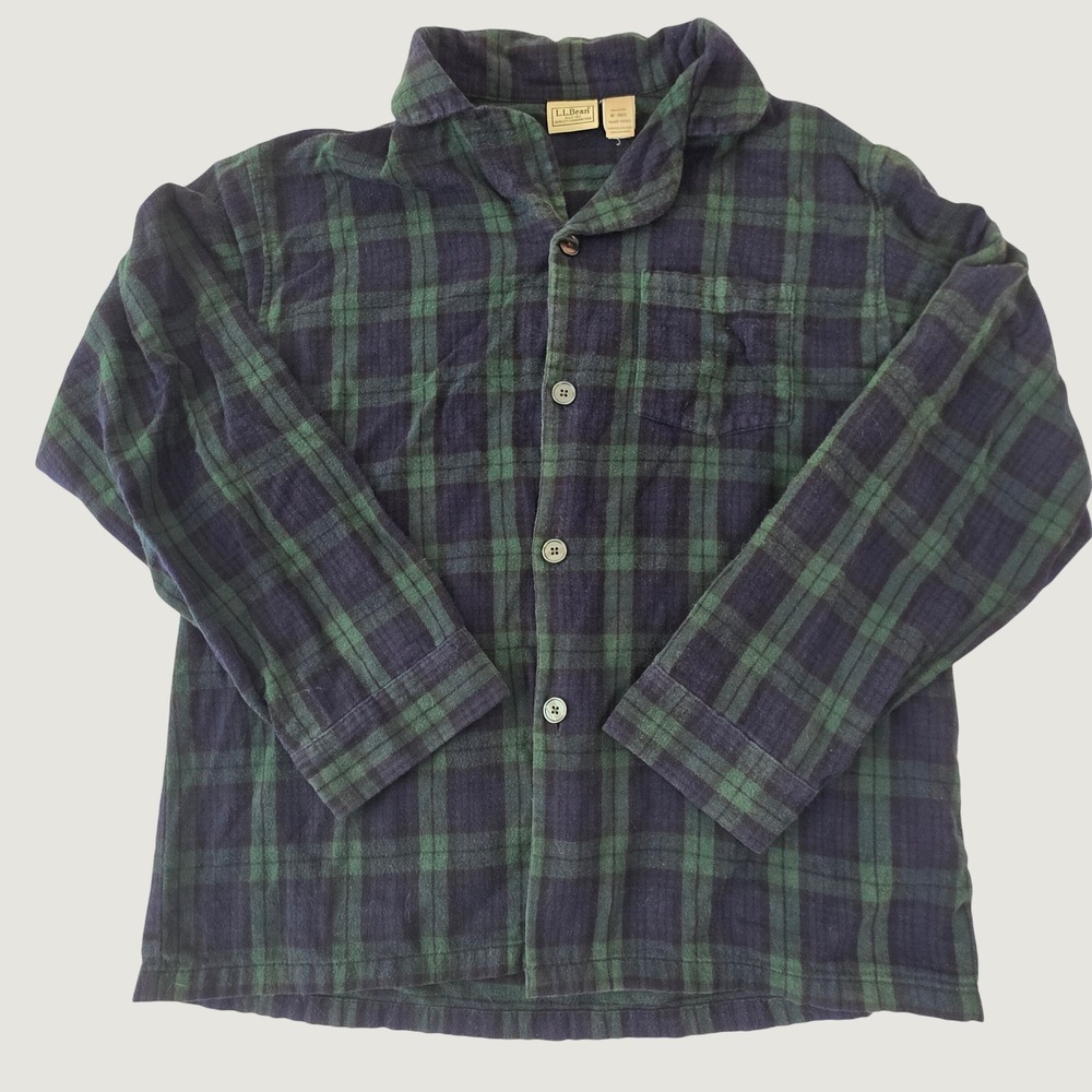 L.L. Bean Pajama Shirt Top Green Navy Blue Plaid Flannel 100% Cotton Warm Medium